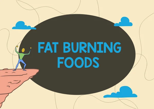 Cartel que muestra Fat Burning Foods. Concepto de negocio producir pérdida de grasa mediante la estimulación del metabolismo para reducir el apetito Hombre atlético ilustración Montaña Orgulloso de subir el éxito a las nubes Cielo. — Foto de Stock