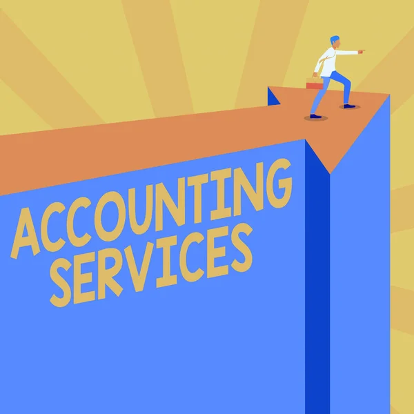 Text sign showing Accounting Services. Business showcase analyze financial transactions of a business or a person Man Illustration Carrying Suitcase On Top Of Arrow Showing New Phase Targets.