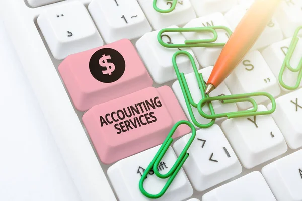 Hand writing sign Accounting Services. Business idea analyze financial transactions of a business or a person Creating New Programming Guidebook, Typing Program Source Codes