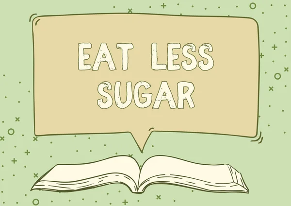 手書きの看板砂糖を少なく食べてください。言葉砂糖摂取量を削減し、健康的な食事豊富な食品を食べる上で書かれたオープンブックイラストスピーチバブルプレゼンテーションと引用メッセージニュース. — ストック写真