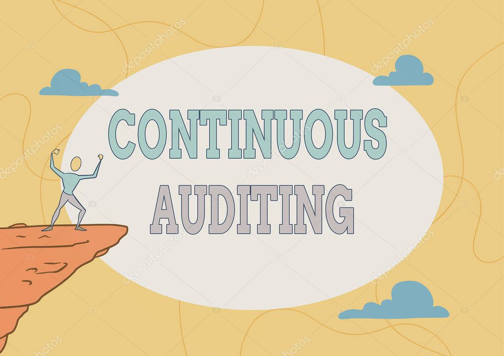 Inspiration showing sign Continuous Auditing. Conceptual photo Internal process that examines accounting practices Athletic Man illustration Mountain Proud Of Climbing Success To The Clouds Sky.