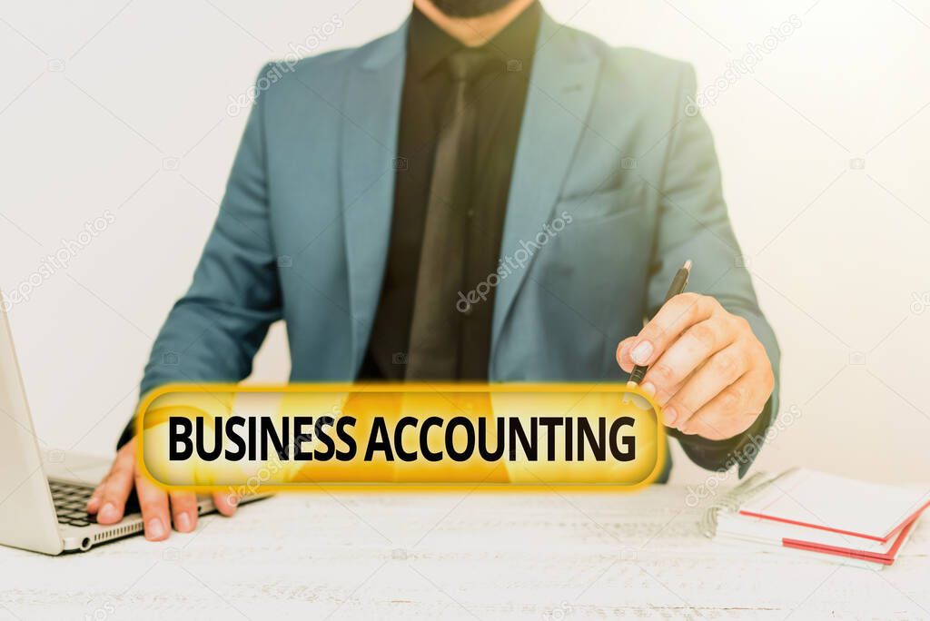 Hand writing sign Business Accounting. Business overview interpreting and presenting of financial information Remote Office Work Online Presenting Business Plans Designs