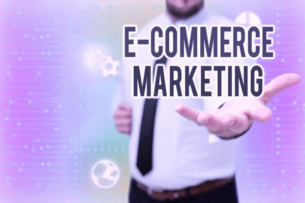 Inspiráló szöveg E Commerce Marketing. Üzleti áttekintő üzleti, amely értékesíti a termék vagy szolgáltatás elektronikusan Gentelman egységes állandó holding új Futuristic Technologies. — Stock Fotó