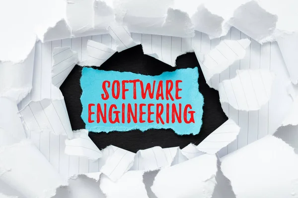 Signo de texto que muestra Ingeniería de software. Word for apply engineering to the development of software Breaking Writers Block, Presenting Different Result, Display A New Approach — Foto de Stock