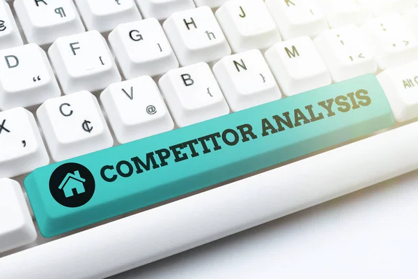 Conceptual caption Competitor Analysis. Concept meaning assessment of the strengths and weaknesses of rival firm Typing Certification Document Concept, Retyping Old Data Files — Stock Photo, Image