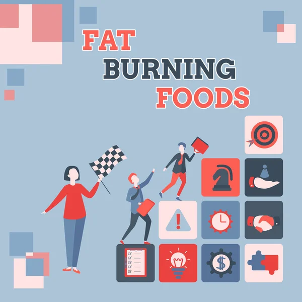 Szöveg megjelenítése Fat Burning Foods. Üzleti koncepció termel zsírégetést serkenti az anyagcserét, hogy csökkentse az étvágyat Belépett Office Munkalap adatok, Listing Regisztrált Online Tagok — Stock Fotó