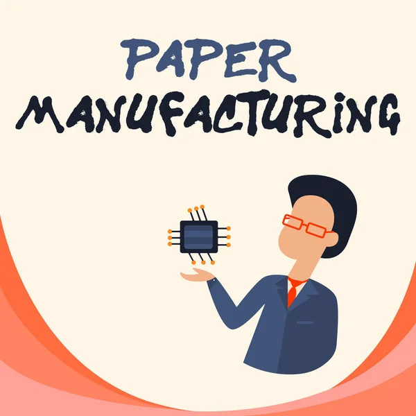 Text showing inspiration Paper Manufacturing. Word for company that use wood as raw material and produce paper Man Drawing Standing And Holding Computer Microchip Showing New Tech. — Stock Photo, Image