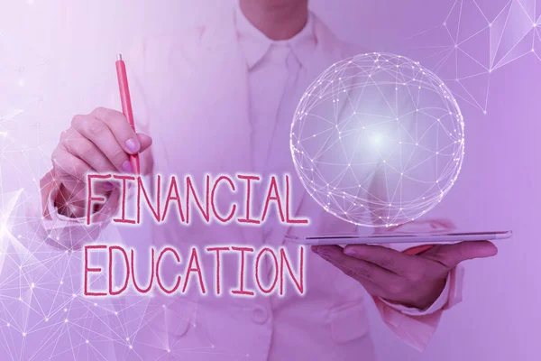 Text caption presenting Financial Education. Business approach education and understanding of various financial areas Woman In Suit Holding Tablet With Circular Holographic Display.