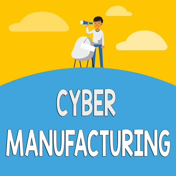 Teksten weergeven Cyber Manufacturing. Internet Concept transformatief concept dat de vertaling van data tot doel heeft Man Verrekijkers Illustratie Staande stoel met gebarentaal Kijkkansen. — Stockfoto