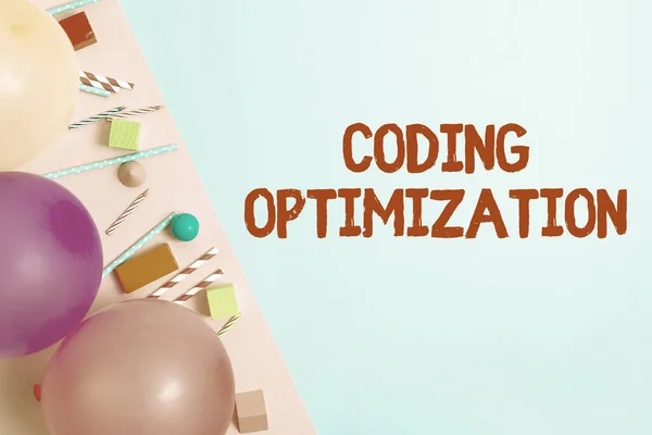 Zeichen, die die Optimierung der Codierung anzeigen. Wort auf Methode der Code-Modifikation geschrieben, um Code-Qualität zu verbessern Bunte Geburtstagsparty Designs Bright Celebration Planning Ideas — Stockfoto