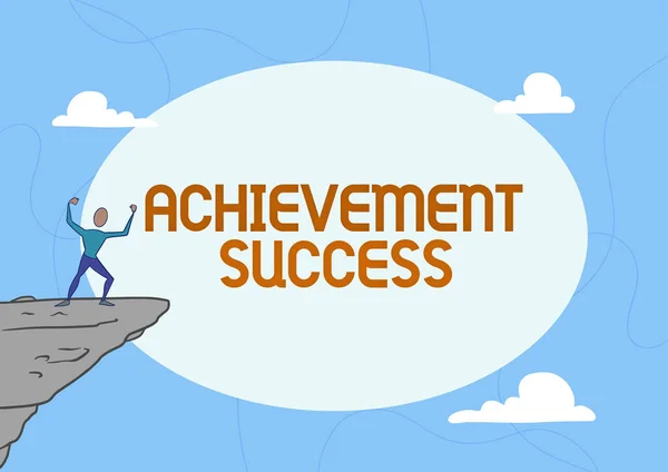 Conceptual display Achievement Success. Business concept status of having achieved and accomplished an aim Athletic Man illustration Mountain Proud Of Climbing Success To The Clouds Sky. — Stock Photo, Image