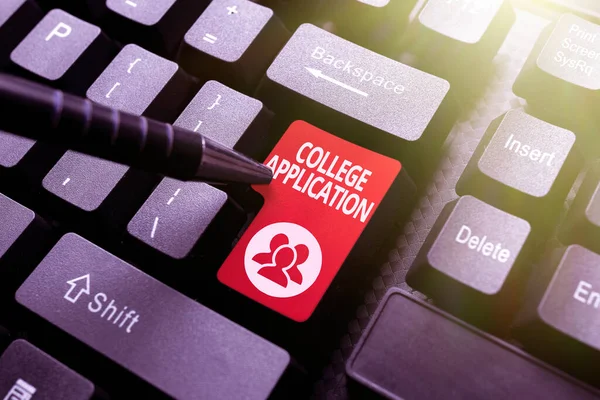 Writing displaying text College Application. Word Written on individuals apply to gain entry into a college Inputting Important Informations Online, Typing Funny Internet Blog