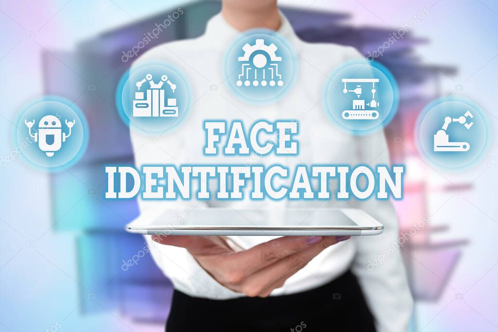 Text sign showing Face Identification. Business idea analyzing patterns based on the person s is facial contours Lady Uniform Standing Tablet Hand Presenting Virtual Modern Technology