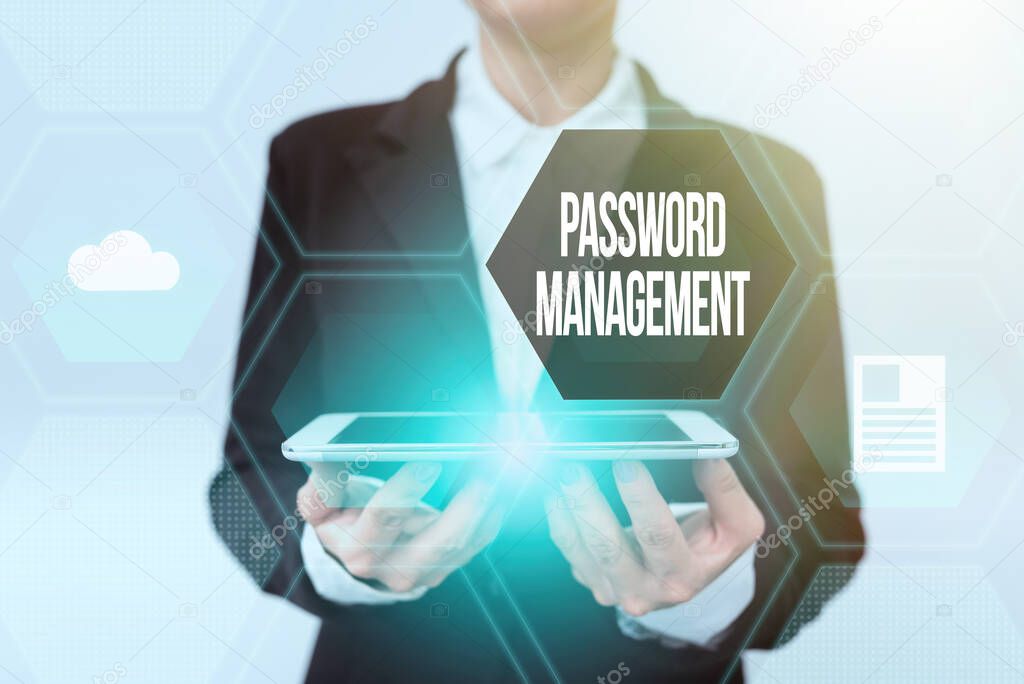 Sign displaying Password Management. Word Written on software used to help users better manage passwords Lady In Uniform Holding Phone And Showing Futuristic Virtual Display