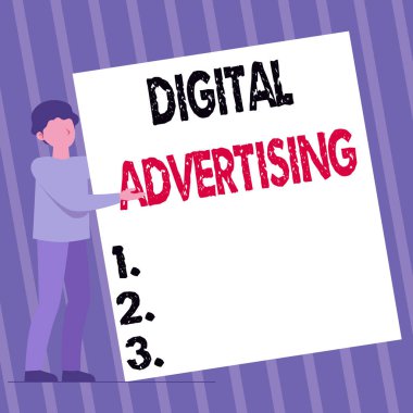 İlham verici Dijital Reklamları gösteren metin. Devasa Boş Kağıt Sunan İnternet Adamı Durma Kalıbı kullanılarak ürün veya hizmet pazarlama yaklaşımı.