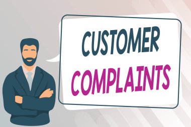 Müşteri şikayetlerini gösteren bir tabela. Bir tüketicinin memnuniyetsizliğine ilişkin iş genel bakış açısına göre Elleri Çizen Adam, Konuşma Baloncuğu İletisiyle Duruyor.