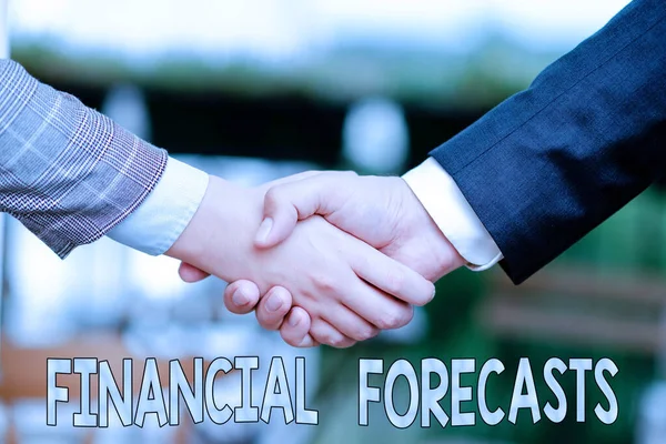 Podpis koncepcyjny "Prognozy finansowe". Business showcase szacunek przyszłych wyników finansowych dla firmy Dwa profesjonalne dobrze ubrani biznesmeni Handshake Indoors — Zdjęcie stockowe