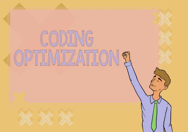 Zeichen, die die Optimierung der Codierung anzeigen. Geschäftsidee Methode der Code-Modifikation zur Verbesserung der Code-Qualität Happy Man Illustration Standing Infront Board Heben der Hände für den Erfolg. — Stockfoto