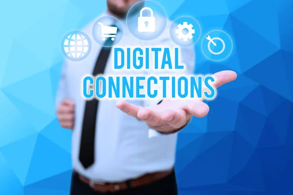 Sign displaying Digital Connections. Business concept the online way to explore and build relationships Gentelman Uniform Standing Holding New Futuristic Technologies. — Stock Photo, Image