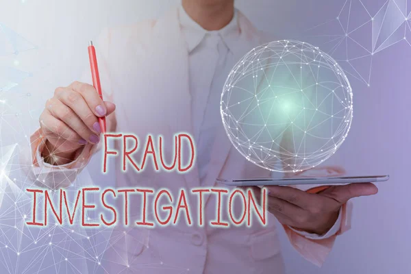 Writing displaying text Fraud Investigation. Business idea process of determining whether a scam has taken place Woman In Suit Holding Tablet With Circular Holographic Display. — Stock Photo, Image