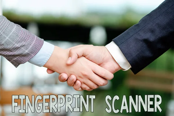 サイン指紋スキャナを示すインスピレーション。ビジネスアプローチ生体認証のための指紋を使用してアクセスを許可する2つのプロの優れた服装をした企業経営者ハンドシェイク屋内 — ストック写真