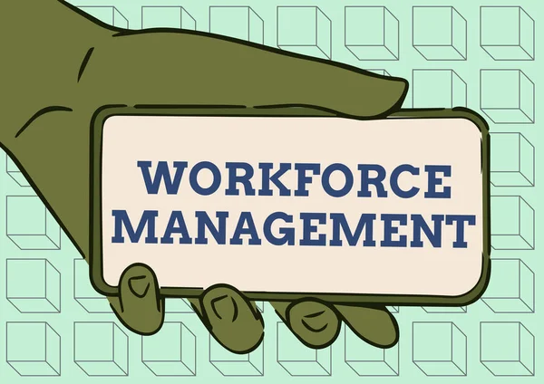 Konceptvisning Workforce Management. Word för användning för att optimera produktiviteten hos sina anställda Adult Hand Illustration Holding Mobile Visar ny teknik på skärmen. — Stockfoto