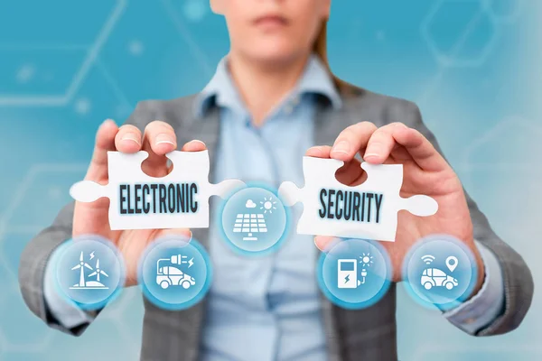電子セキュリティが表示されます。事業内容セキュリティ業務を行う電子機器事業女性保有ジグソーパズルピースロック解除新未来技術. — ストック写真