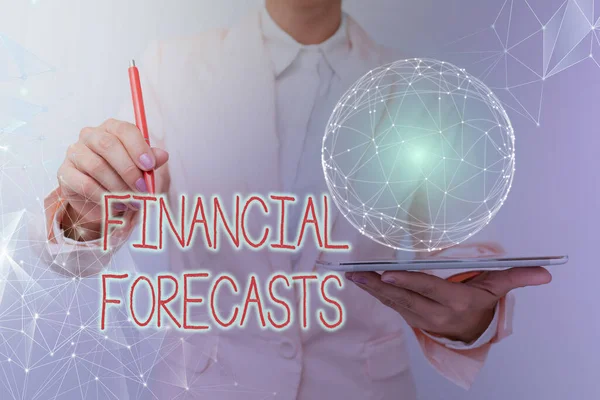 영감을 주는 금융 예측 문자를 보여 줍니다. Business approach estimating the future financial results for a company Woman In Suit Holding Tablet With Circular Hologgraphic Display. — 스톡 사진