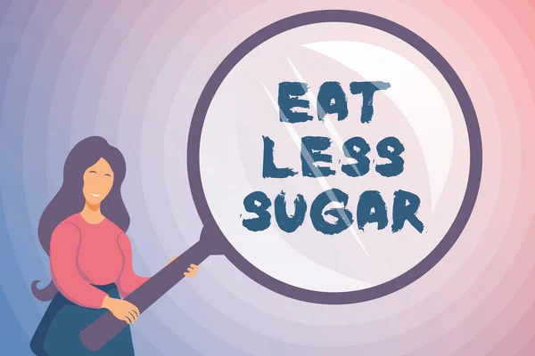 テキストを表示する文字を書く砂糖を食べない。ビジネス概要砂糖摂取量を削減し、健康的な食事豊富な食品を食べる要約調査と手がかりを見つけ、回答の概念を探す — ストック写真