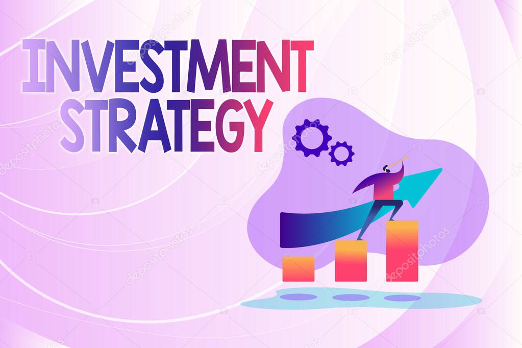 Hand writing sign Investment Strategy. Word Written on the systematic plan to allocate investable assets Colorful Image Displaying Progress, Abstract Leading And Moving Forward