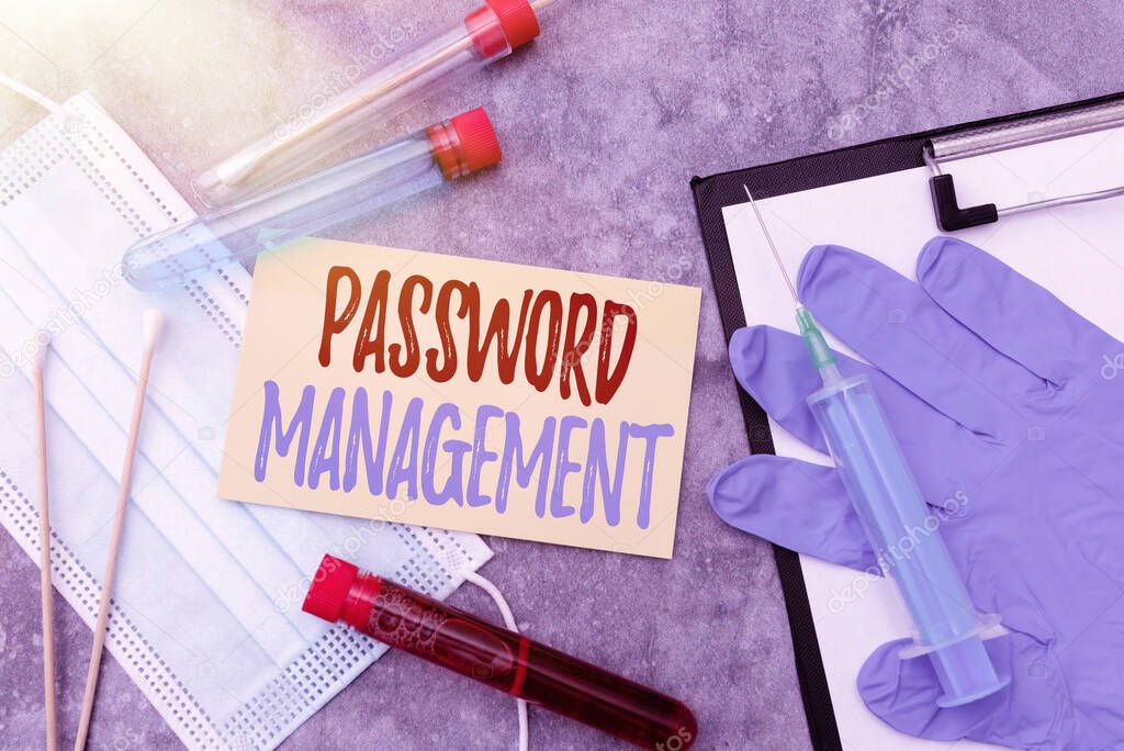 Writing displaying text Password Management. Conceptual photo software used to help users better manage passwords Researching Preventive Medications, Viral Infection Prevention
