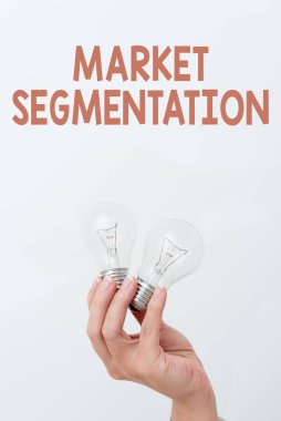 Kavramsal manşet piyasa bölümü. Potansiyel müşteri pazarını gruplara bölme fikri. El yeni teknoloji fikirleri gösteren ya da sunan iki lamba tutuyor.