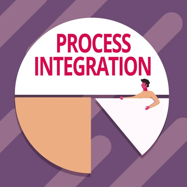 Handschrift Zeichen Prozess Integration. Konzept bedeutet gemeinsame Nutzung von Daten und Ereignissen zwischen Geschäftsprozessen Man Drawing Holding Pie Chart Piece Show Graph Design. — Stockfoto