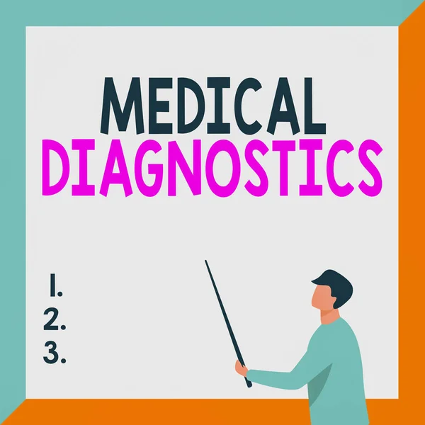 Affichage conceptuel Diagnostic médical. Photo conceptuelle un symptôme ou une caractéristique de valeur dans le diagnostic Instructeur Dessin tenant bâton Pointeur montrant de nouvelles leçons. — Photo