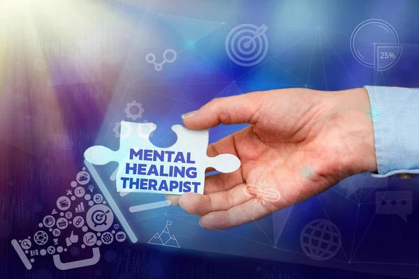 Conceptual display Mental Healing Therapist. Business overview helping a person express emotions in healthy ways Hand Holding Jigsaw Puzzle Piece Unlocking New Futuristic Technologies.