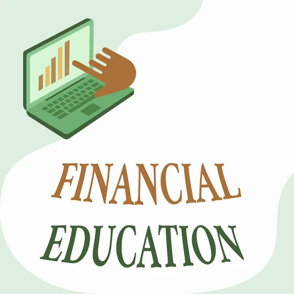Escrita exibindo texto Educação Financeira. Visão geral do negócio educação e compreensão de várias áreas financeiras Laptop Desenho Mostrando Gráfico Crescimento Mão Apontando Tela. — Fotografia de Stock