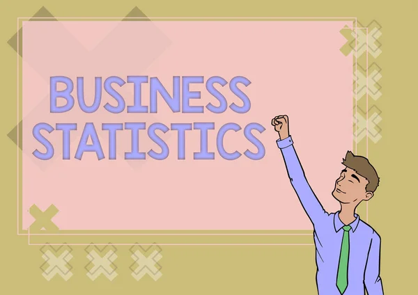 Conceptual caption Business Statistics. Concept meaning Science of intelligent decision making in the business Happy Man Illustration Standing Infront Board Raising Hands For Sucess. — Stock Photo, Image