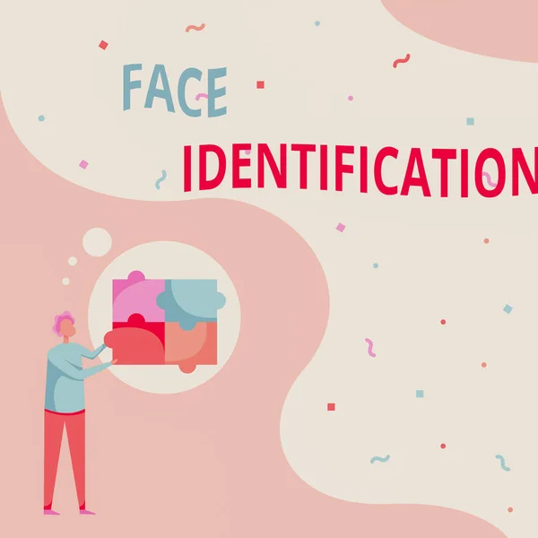 Signe d'écriture Identification du visage. Concept signifiant analyser les modèles basés sur la personne s est contours du visage Homme dessin debout ajustement quatre pièces de puzzle. — Photo