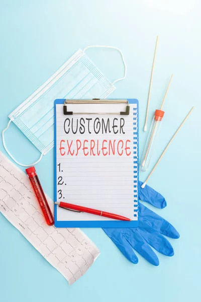 Text showing inspiration Customer Experience. Word Written on product of an interaction between a client and customer Writing Important Medical Notes Laboratory Testing Of New Virus Medicine — Stock Photo, Image