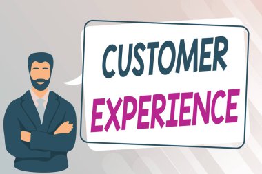 Metin Gösterimi Müşteri Deneyimi Yazılıyor. Müşteri ve müşteri arasındaki etkileşimin iş özeti ürünü Elleri Çizen Adam Konuşma Baloncuğu İletisiyle Duran.