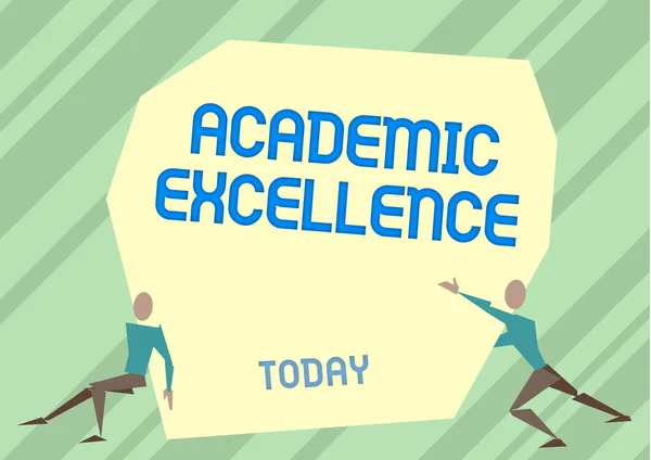 Writing displaying text Academic Excellence. Word for Achieving high grades and superior performance Two Men Illustration Trying To Lift Extra Large Rock To Free The Way.