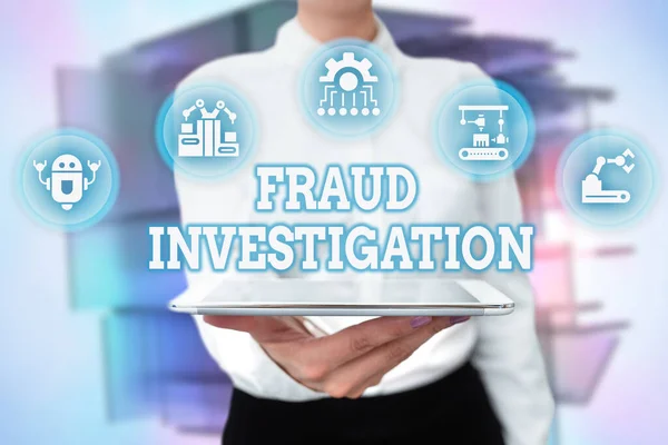 Writing displaying text Fraud Investigation. Conceptual photo process of determining whether a scam has taken place Lady Uniform Standing Tablet Hand Presenting Virtual Modern Technology — Stock Photo, Image