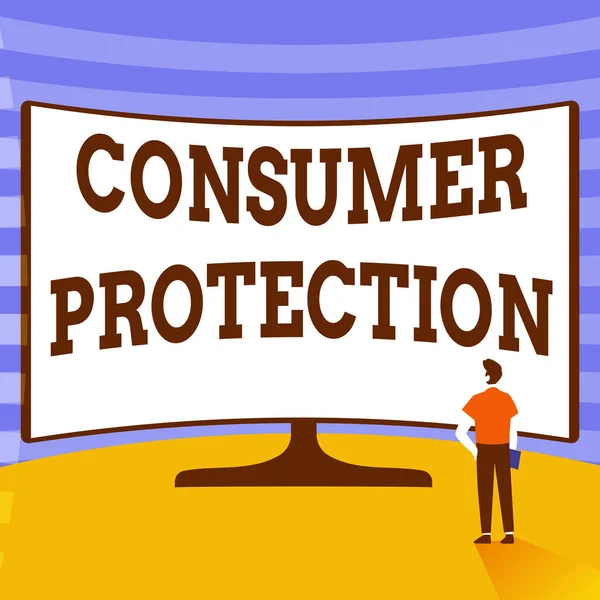 Знак, показывающий защиту прав потребителей. Регулирование бизнес-подхода, которое направлено на защиту прав потребителей Человек, стоящий на иллюстрации, стоящий перед огромным дисплеем. — стоковое фото