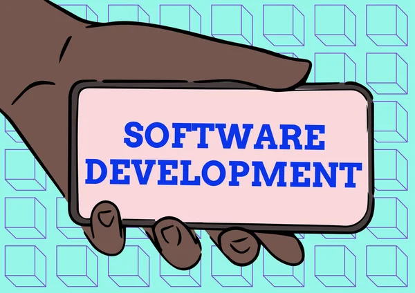 Firma visualizzazione dello sviluppo software. Parola per il software viene creato utilizzando una programmazione specifica per adulti mano illustrazione tenendo Mobile mostrando nuova tecnologia sullo schermo. — Foto Stock