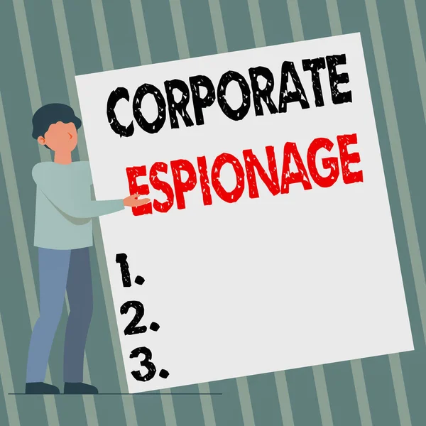 Conceptual display Corporate Espionage. Word Written on form of espionage conducted for commercial purpose Man Standing Drawing Holding Presenting Huge Blank Paper.