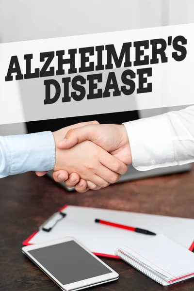 Inspiracja wykazująca objawy choroby Alzheimera S. Conceptual photo Zaawansowane pogorszenie psychiczne, które występują w podeszłym wieku Dwa profesjonalne dobrze ubrani biznesmeni uścisk dłoni w pomieszczeniach — Zdjęcie stockowe