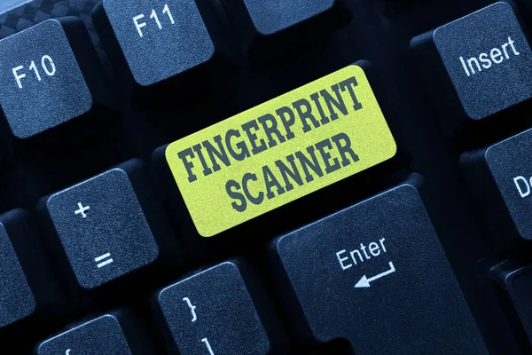 テキスト指紋スキャナーを表示する書き込み。生体認証のための単語指紋を使用してアクセス権を付与するオンラインクラスレビューノートの入力、要約字幕トラックの再入力 — ストック写真