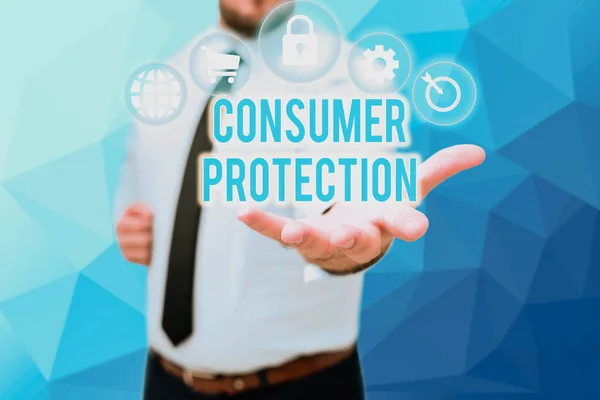 Texto que muestra inspiración Protección al consumidor. Regulación de escaparate empresarial que tiene como objetivo proteger los derechos de los consumidores Gentelman Uniform Standing Holding New Futuristic Technologies. —  Fotos de Stock