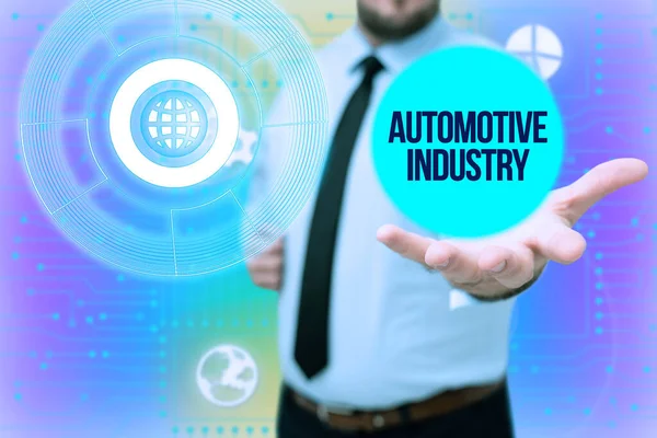 Señal de escritura a mano Industria Automotriz. Organizaciones de concepto empresarial involucradas en el negocio de vehículos de motor Gentelman Uniform Standing Holding Nuevas Tecnologías Futurísticas. —  Fotos de Stock