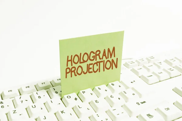 Conceptuele weergave Hologram projectie. Business showcase fotografische projectie van een opname van een licht Computer Laptop Voor Communicatie Typing Nieuwe Ideeën En Plan Ontwikkeling — Stockfoto